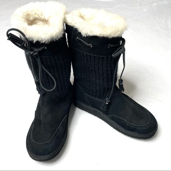 Bass Fargo Black Suede Knit Winter Boots Faux Fur Tassel Size 7 - Picture 3 of 12